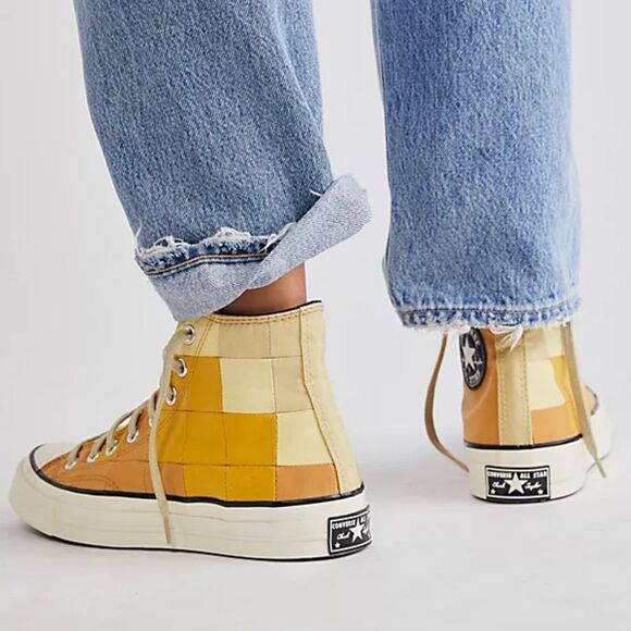 Converse Orange and Beige Chuck 70 High Top Plaid Sneakers (Size 5,Women’s 7) - Picture 1 of 11